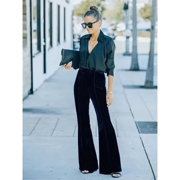 High Waist Velvet Flare Holiday Dressy Pants - Picture 11 of 15
